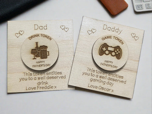Wooden personalised Father’s Day card & token - Laser LLama Designs Ltd