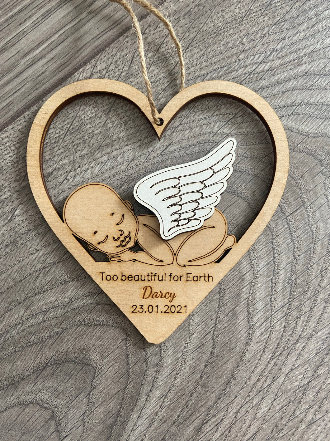 Too beautiful for Earth heart wings hanging plaque - Laser LLama Designs Ltd