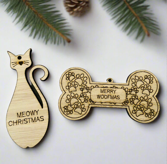 Oak veneer dog bone / cat shape tree decoration - Laser LLama Designs Ltd