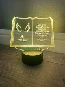 Light up 3d open book with wings memorial display. 9 colours option - Laser LLama Designs Ltd