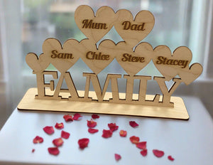 Freestanding family heart personalised plaque - Laser LLama Designs Ltd