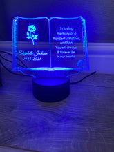 Load image into Gallery viewer, Light up 3D  open book memorial display. 9 Colour options with remote! - Laser LLama Designs Ltd