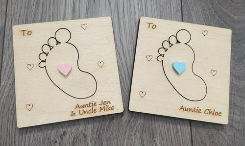 Wooden personalised baby foot godparent proposal card - Laser LLama Designs Ltd