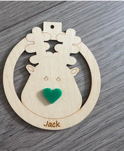 Load image into Gallery viewer, Wooden personalised red/green nose reindeer bauble - Laser LLama Designs Ltd