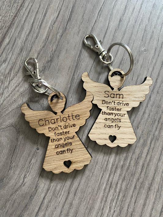 Oak veneer personalised don’t drive fast keyring - Laser LLama Designs Ltd