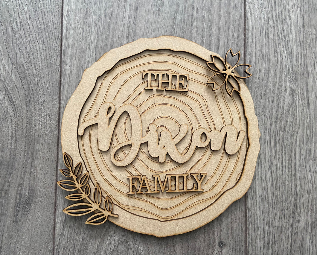 Wooden slice wood effect circle family name plaque - Laser LLama Designs Ltd