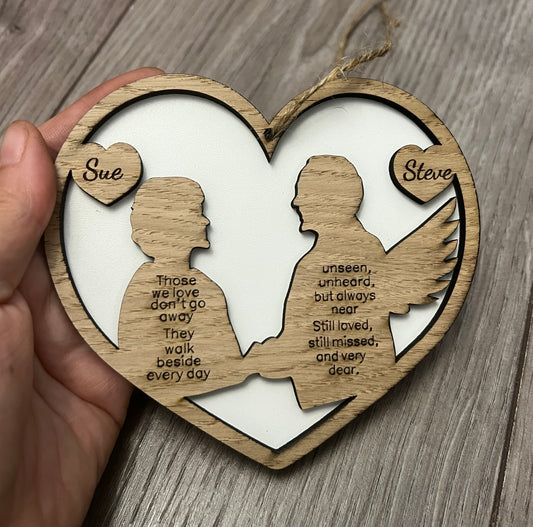 Wooden heart memorial wings plaque - Laser LLama Designs Ltd