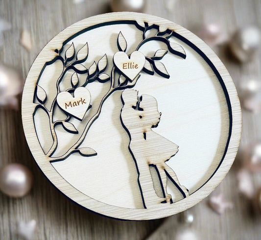 Oak veneer layered tree plaque with 2 hearts - Laser LLama Designs Ltd