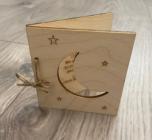 Wooden personalised folding card -moon design - Laser LLama Designs Ltd