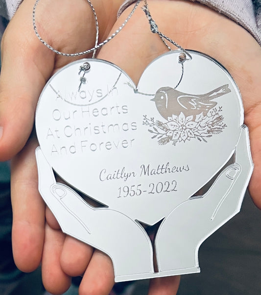 Silver Mirrored acrylic personalised hands holding a heart Christmas tree decoration - Laser LLama Designs Ltd