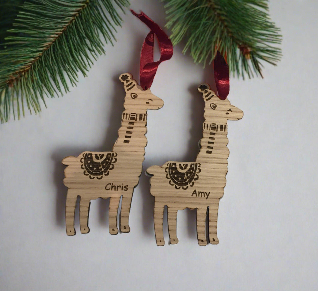 Oak veneer personalised Christmas llama tree decoration - Laser LLama Designs Ltd