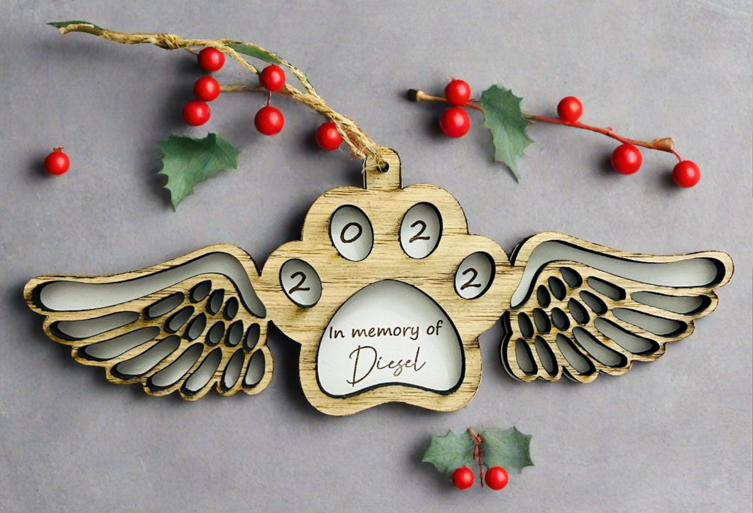 Wooden layered paw with wings bauble , memorial - Laser LLama Designs Ltd