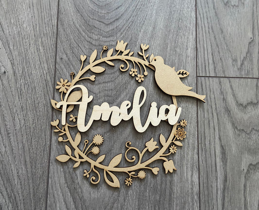 Wooden personalised bird wreath - Laser LLama Designs Ltd