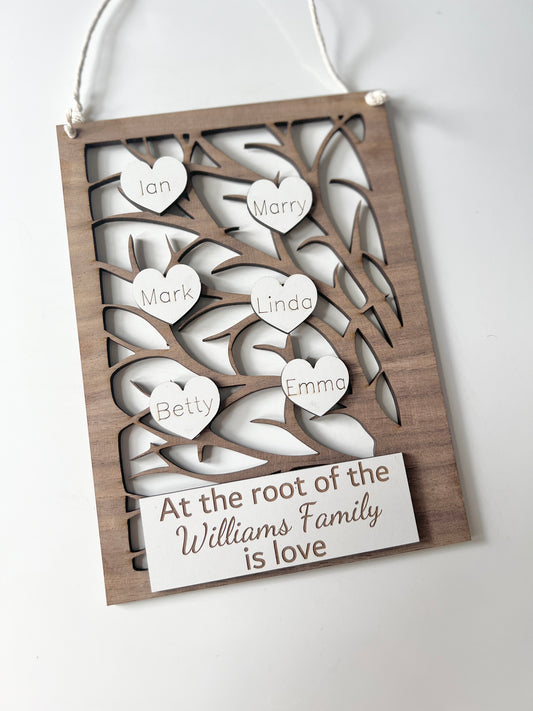 Walnut personalised framed family tree with hearts - Laser LLama Designs Ltd