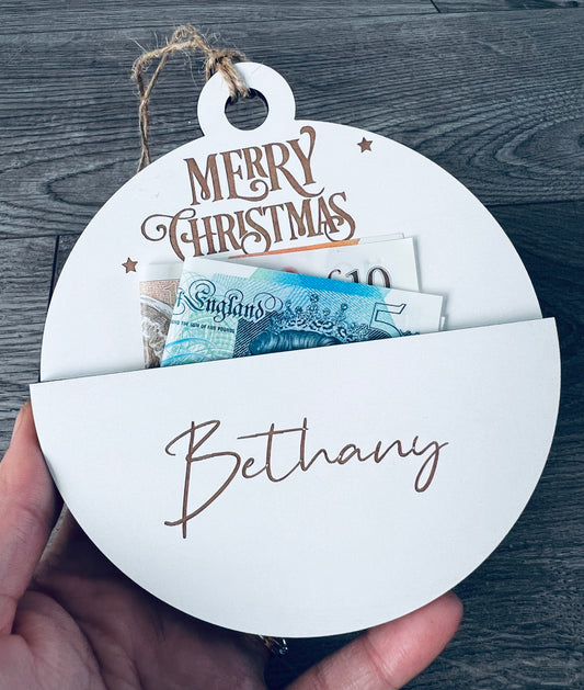 Wooden personalised gift card/cash bauble holder - Laser LLama Designs Ltd