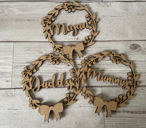 Wooden personalised wreath baubles - Laser LLama Designs Ltd