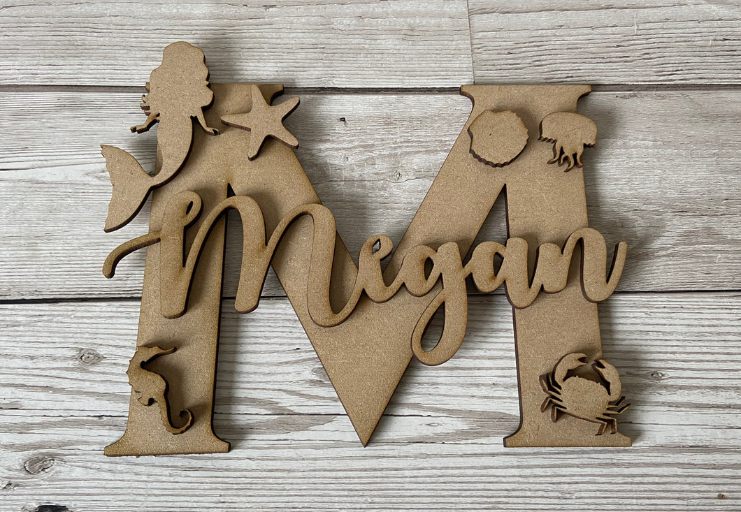 Wall mermaid theme letter and name plaque - Laser LLama Designs Ltd