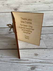 Wooden personalised bee card for teacher - Laser LLama Designs Ltd