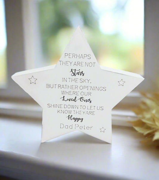 Solid wood white freestanding memorial star - Laser LLama Designs Ltd
