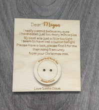 Load image into Gallery viewer, Wooden personalised card with Santa’s button - Laser LLama Designs Ltd