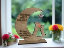 Load image into Gallery viewer, How long will i love you... personalised moon &amp; star decoration - Laser LLama Designs Ltd