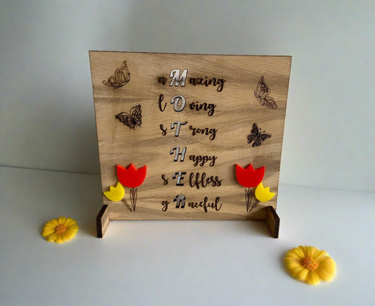 Oak veneer mother plaque with acrylic tulips - Laser LLama Designs Ltd
