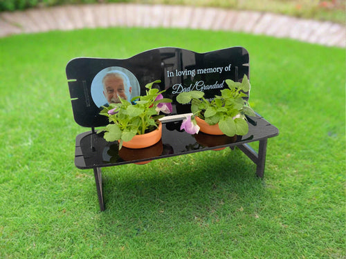 Printed acrylic personalised photo bench for flower pots - Laser LLama Designs Ltd