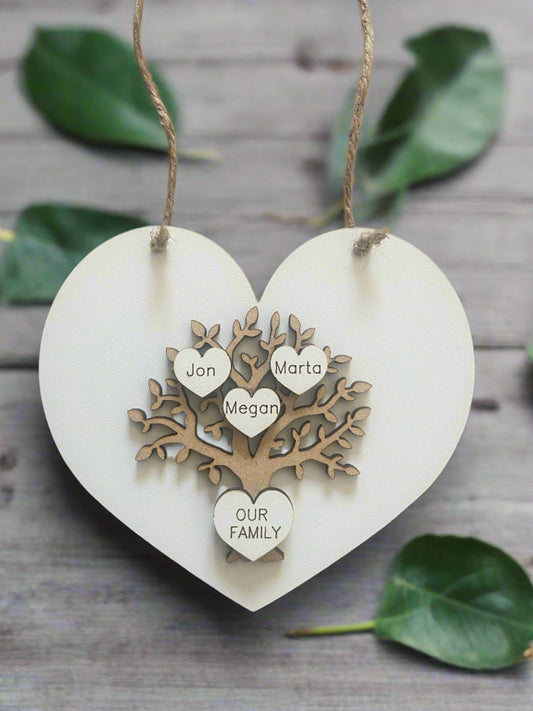 Wooden personalised heart shaped family tree plaque - Laser LLama Designs Ltd