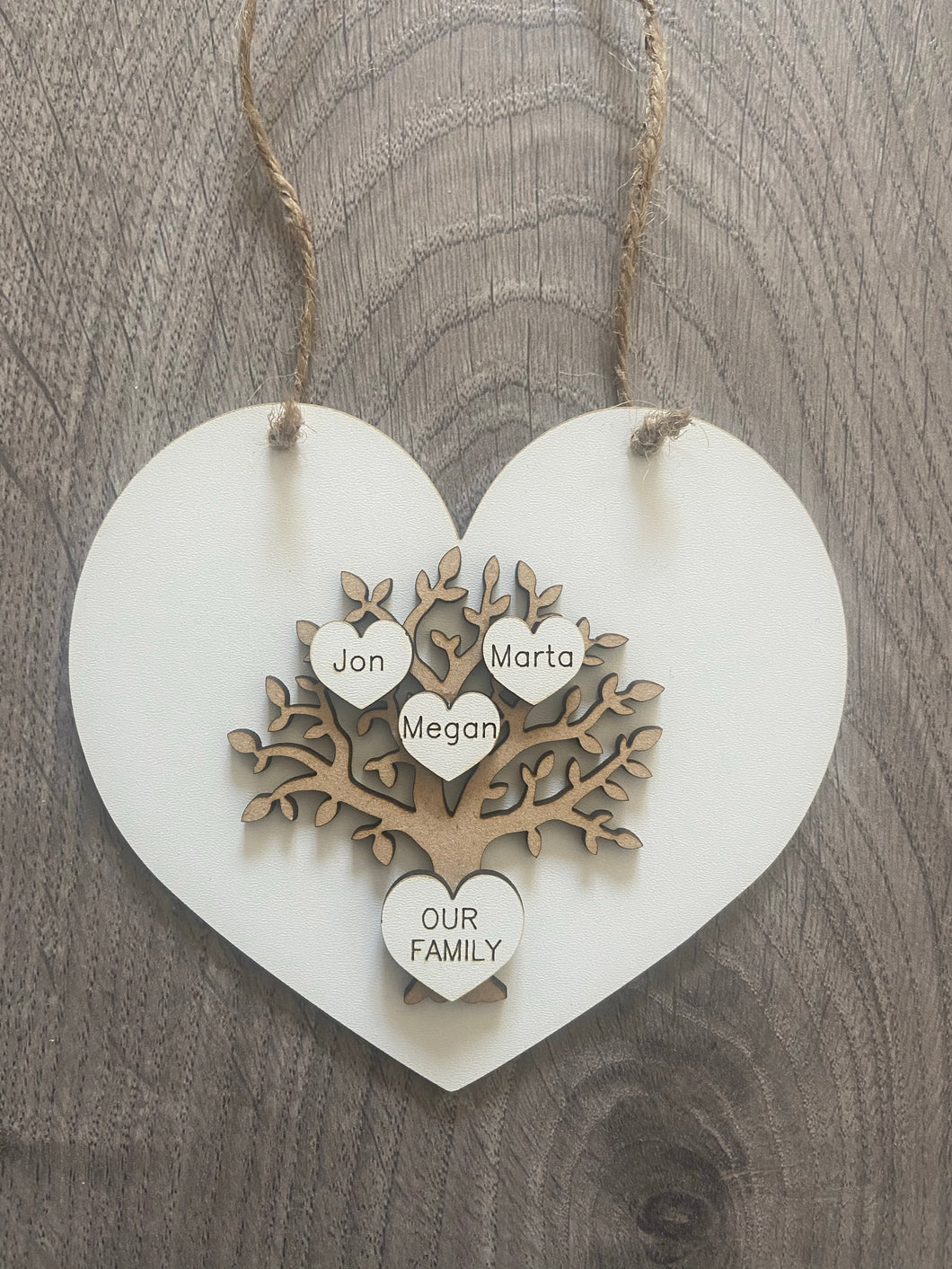 Wooden personalised heart shaped family tree plaque - Laser LLama Designs Ltd