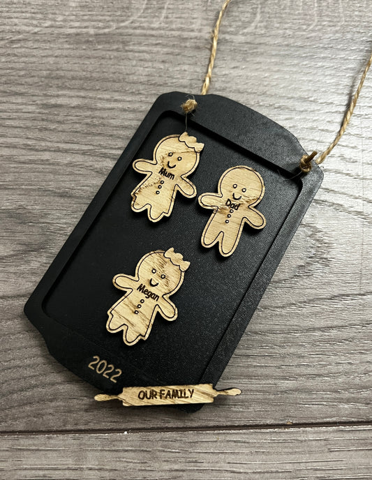 Wooden personalised baking tray with gingerbread Christmas family ornament - Laser LLama Designs Ltd