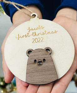 Wooden personalised first Christmas bear bauble - Laser LLama Designs Ltd