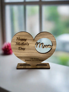 Oak veneer freestanding mum heart - Laser LLama Designs Ltd