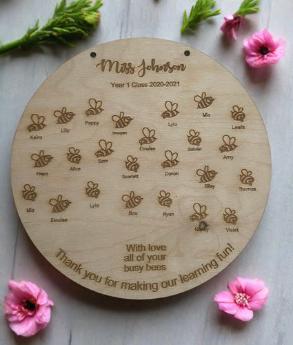 Wooden personalised teacher plaque -busy bees - Laser LLama Designs Ltd