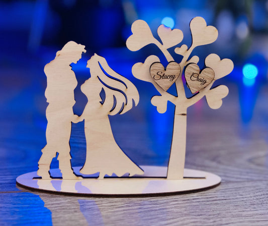 Wooden personalised freestanding couple with oak veneer hearts - Laser LLama Designs Ltd