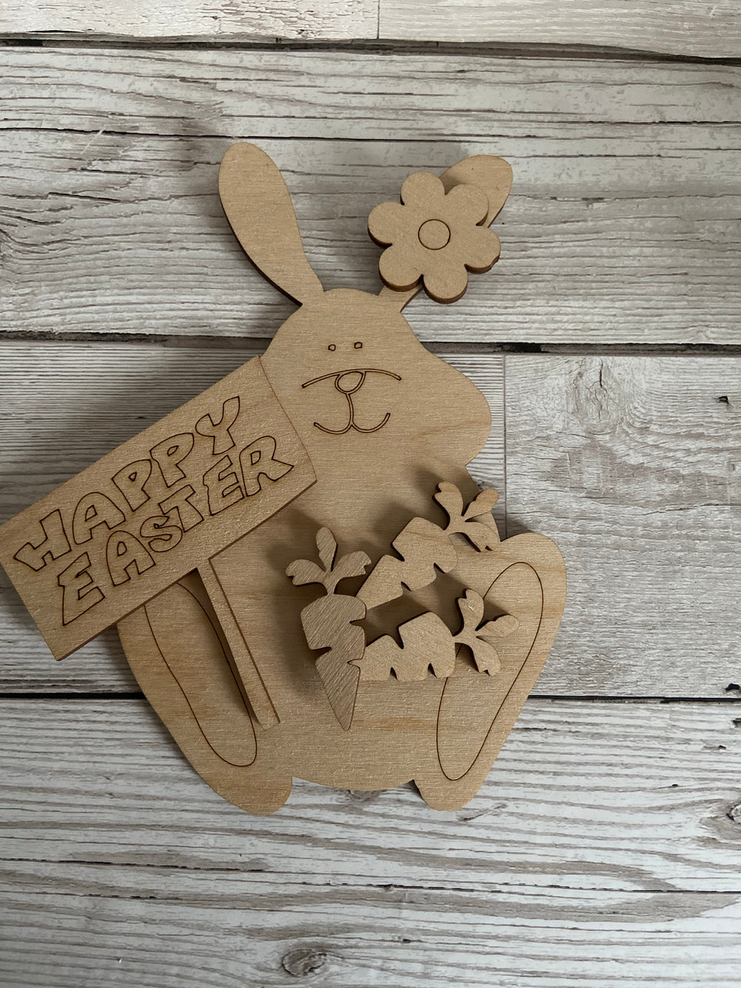Wooden bunny with happy Easter plaque - Laser LLama Designs Ltd