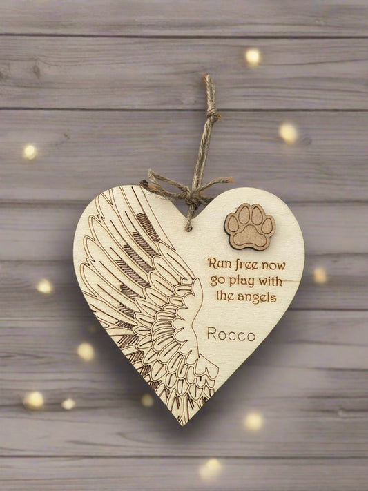 Wooden personalised dog memorial wing plaque - Laser LLama Designs Ltd