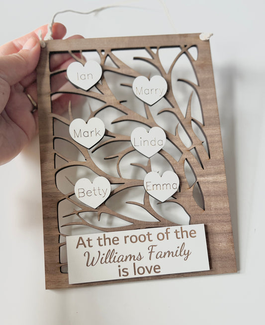 Walnut personalised framed family tree with hearts - Laser LLama Designs Ltd
