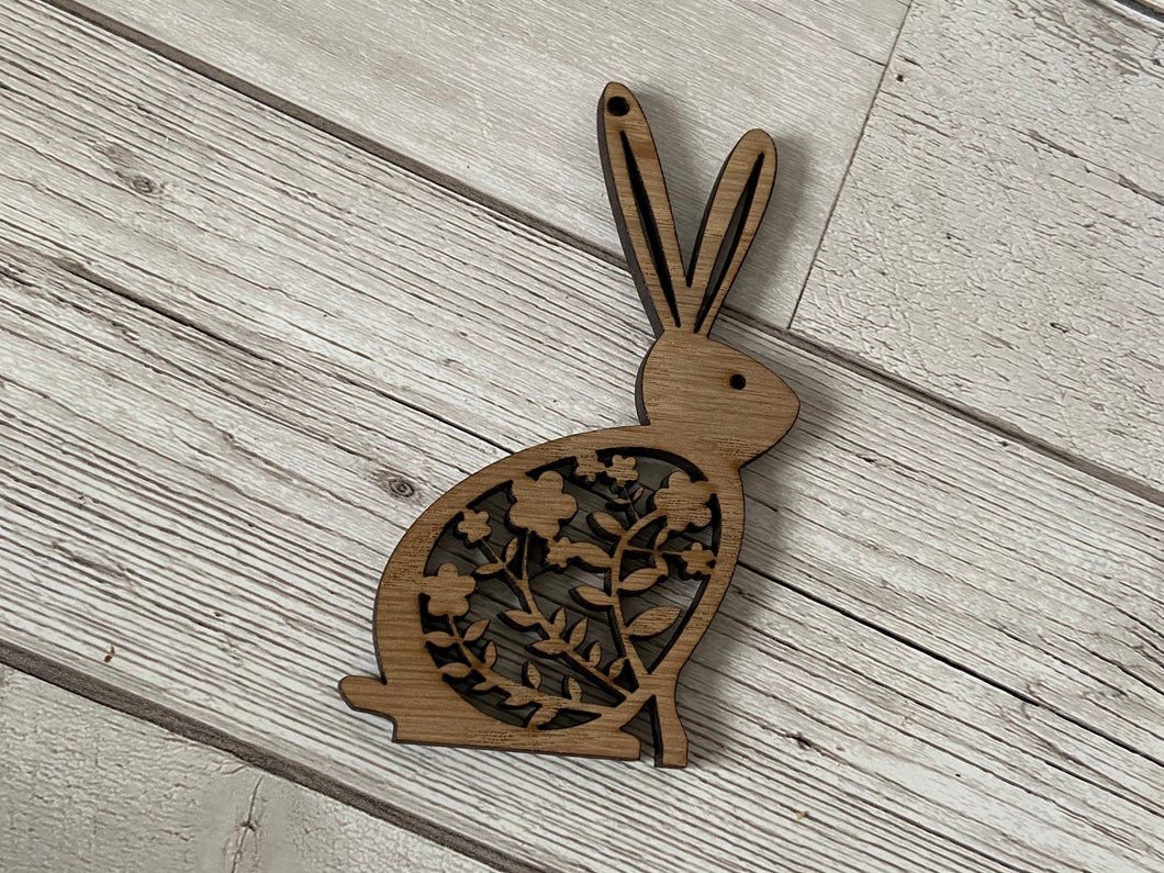 Oak veneer floral hanging bunny - Laser LLama Designs Ltd