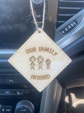 Load image into Gallery viewer, Wooden personalised our family on board hanging sign - Laser LLama Designs Ltd