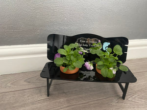 Black acrylic personalised bench for flower pots with baby’s feet - Laser LLama Designs Ltd