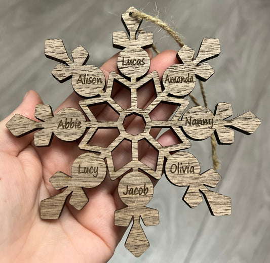 Walnut personalised snowflake tree decoration - Laser LLama Designs Ltd