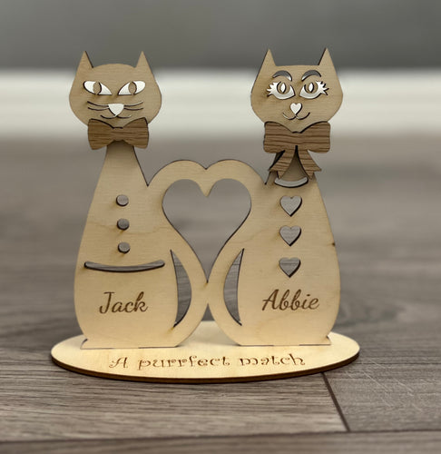 Wooden personalised purrfect match two cats decoration - Laser LLama Designs Ltd