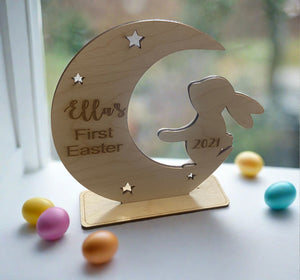 Wooden Personalised 1st Easter bunny & moon - Laser LLama Designs Ltd