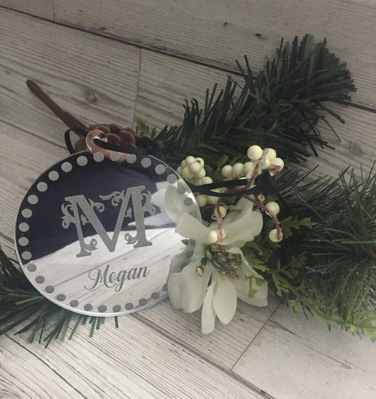 Silver mirrored acrylic personalised initial bauble - Laser LLama Designs Ltd
