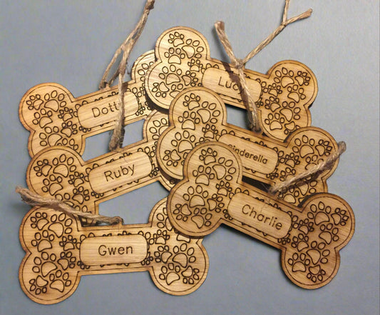 Personalised oak veneer dog bone decoration - Laser LLama Designs Ltd