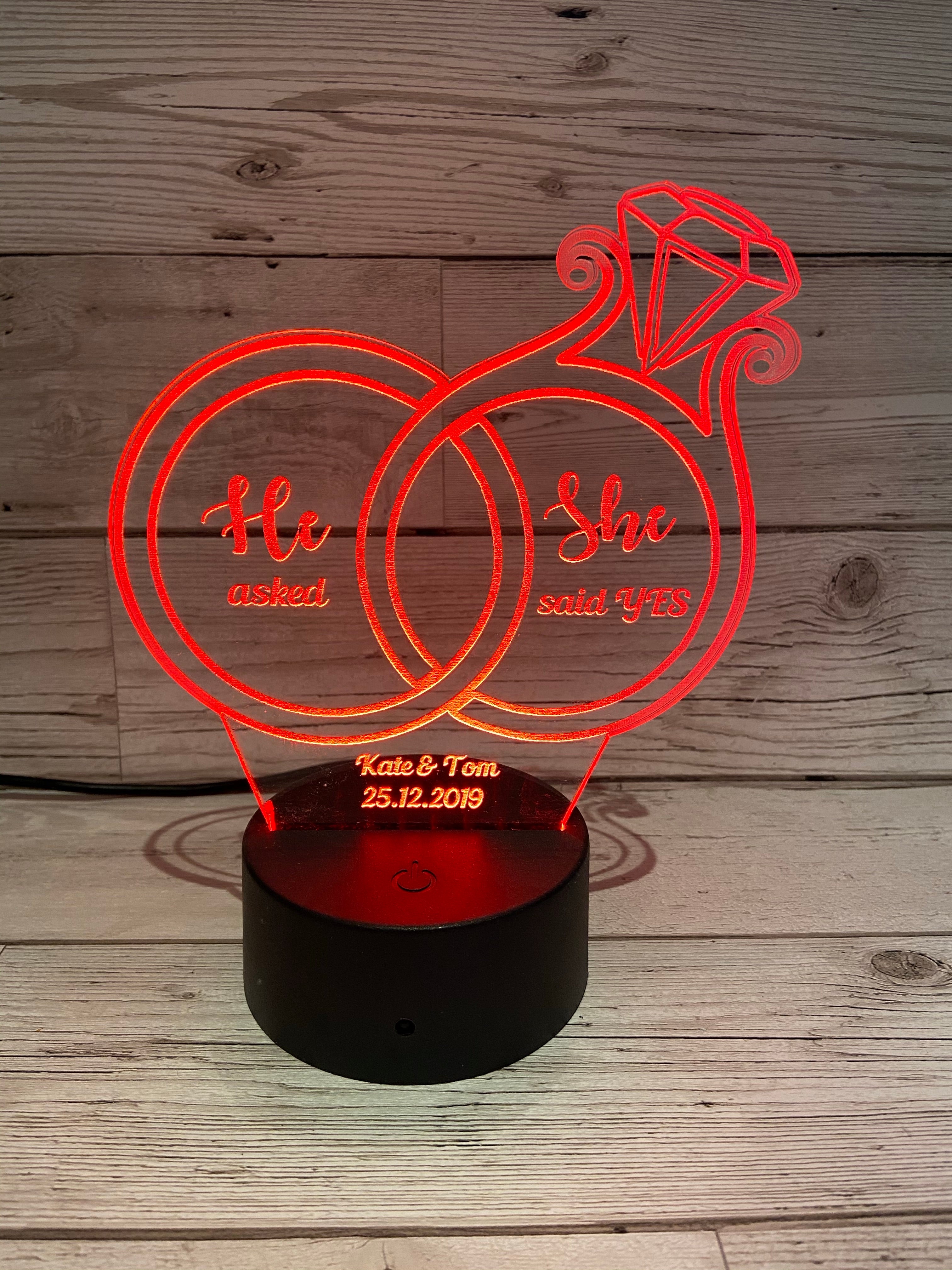 Led light up 3D Ring engagement display. 9 Colour options with remote!