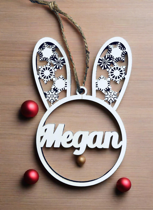 Personalised wooden bunny ears bauble - Laser LLama Designs Ltd