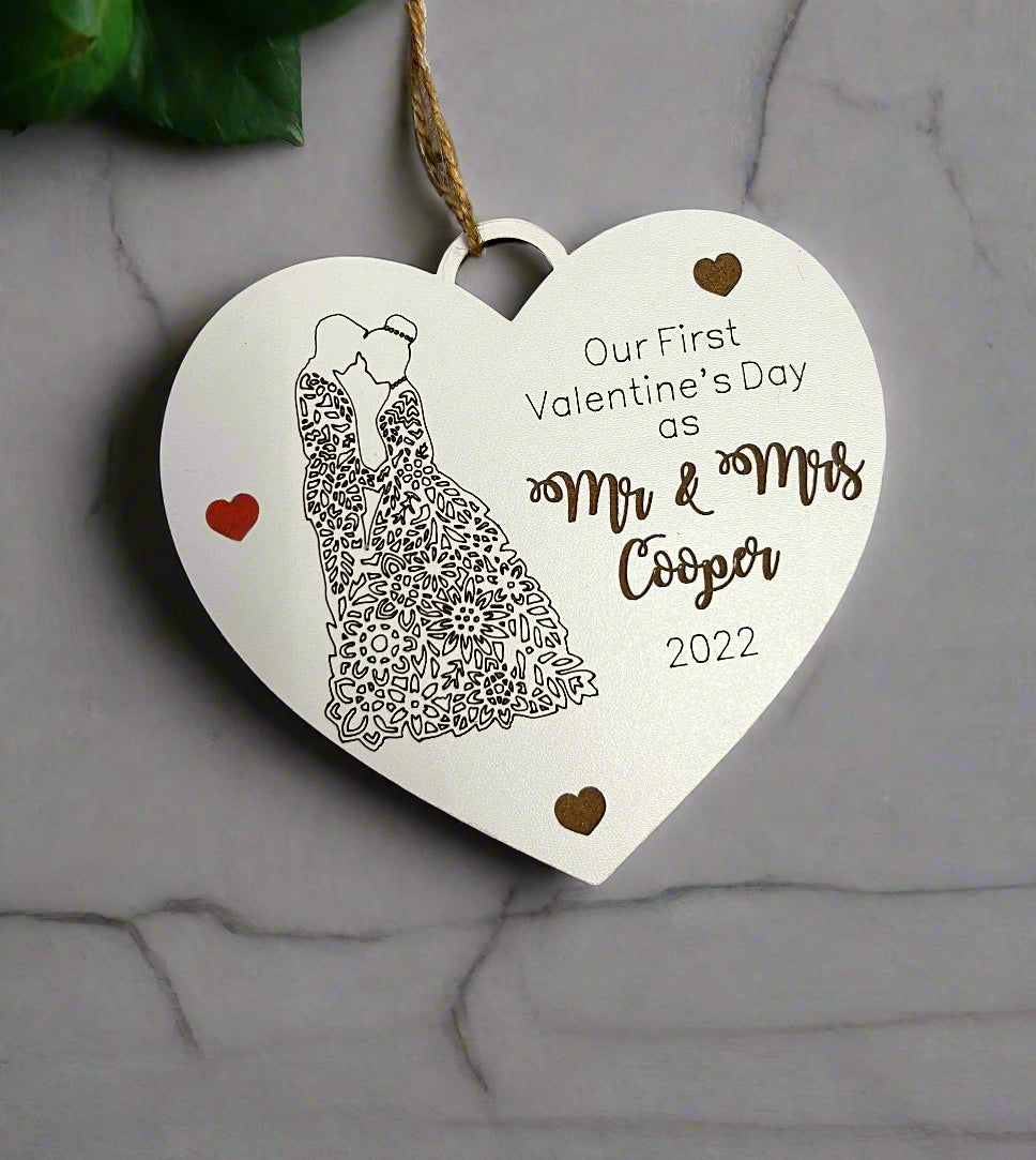 Wooden personalised heart -1st Valentine’s Day as mr & mrs - Laser LLama Designs Ltd