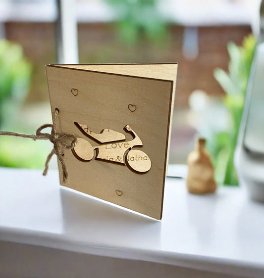 Wooden personalised motorbike card - Laser LLama Designs Ltd