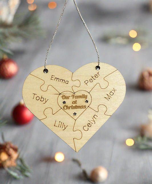 Wooden personalised Christmas heart puzzle hanging decoration - Laser LLama Designs Ltd